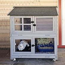 Rabbit Hutch Indoor Rabbit Cage for Small Animals Outdoor Bunny Cage with Movable Wire Netting, Guinea Pig Habitat On Wheels,Pull Out Leak Proof Tray Grey+Camel