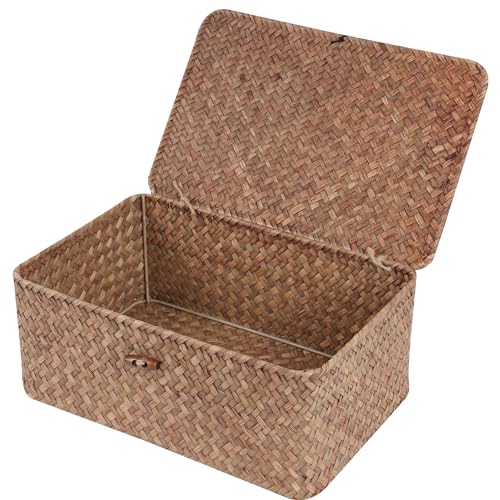 FEIALNDUO Wicker Shelf Baskets with Lid,Seagrass Storage Basket Bins Rectangular