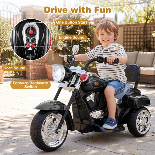 Image of Costzon 6V Ride on Chopper Kids Motorcycle with Adjustable Headlight(Black) | Horn, Engine, 3-Wheel Stable Ride on Toys, Battery Powered Electric Toddler Motorcycle for Kids, Gift for Boys Girls