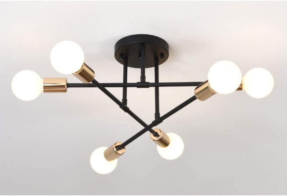 Nordic Metal Retro Chandelier, Semi-Flush Mount Industrial Ceiling Light, for Living Room, Bedroom, Dining Room, Kitchen, Restaurant E27 Socket,black gold,6 lights