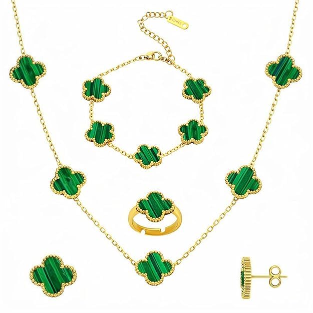Gold Plated Green Clover Jewellery Set Combo for Women | Clover Design Necklace, Bracelet, Ring & Stud Earrings | Elegant Jewellery for Everyday Wear CO1000502GRN-image-27