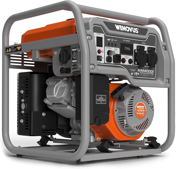 WENOVUS Generador Electrico Gasolina 3800W Generador Inverter Motor de 4 Tiempos Portátil con 2x230V 2xUSB Tanque 9L para Camping Autocaravan Apagón.