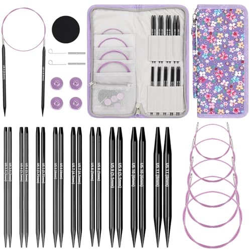 Katech Interchangeable Knitting Needles Set- 9 Pairs Circular Knitting Needles Size 2.5 4 5 6 7 8 9 10 11 Round Knittings Needle with 5 Cable and Case Accessories for Sweater Sock Blanket