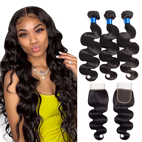 Body Wave 3 Bundles With Closure 22 24 26 + 18 Free Part Lace Closure with Human Hair Bundles Wavy Hair Weave Hair Human Bundles 100% Human Hair Natural Black Color(222426+18)