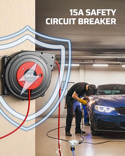 Image of DEWENWILS 6 Grounded Outlets Retractable Extension Cord Reel, 50FT Heavy Duty Power Cord, Llluminatedn /off Switch, Wall /Ceiling Mounted for Garage, Workshop, ETL Listed, Red