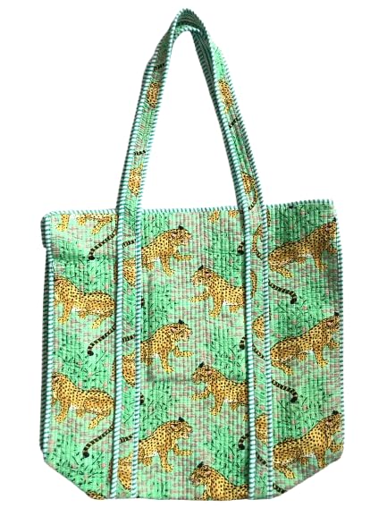Quilted Tote Bag with Leopard Print, Green-picture-48