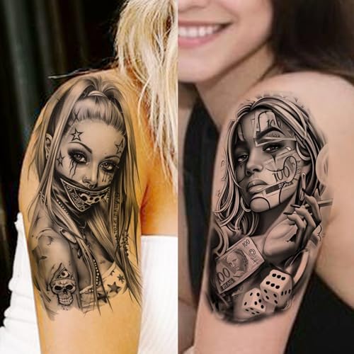 Image of 17 Sheets Robber Gangster Temporary Tattoos For Men Women Adults Chicano Tattoo Sticker, Realistic Our Lady Of Guadalupe Fake Tattoos Cholo Chola Body Art Forearm Half Arm Sleeve Tattoos Jesus Clown
