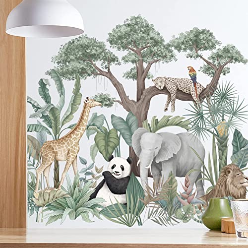 Tropical Green Plant Jungle Animal Wall Stickers, Removable Large Tree Vinyl Wallpaper Decal, Diy Art Murals For Kids Bedroom Nursery Home Decor (A) #TOP3