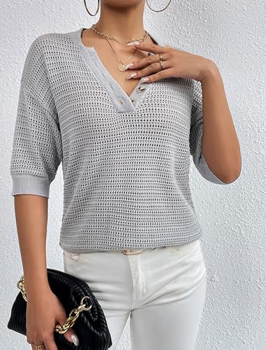Image of Women's Hollow Out Half Sleeve Shirt Summer V Neck Knit Sweater Casual Loose Fit Pullover Top
