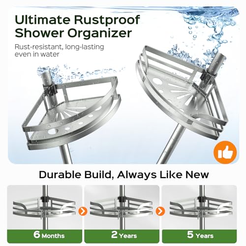 Image of HAMITOR Shower Caddy Tension Pole：4-Tier Rustproof Bathroom Corner Shelf for Renters - 47-121inches Adjustable Bathtub Organizer with Soap Holder-large capacity rack for Shampoo Storage Home