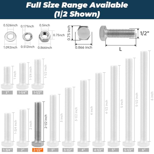 Image of 6 Sets Glvaner 1 /2-13 x 2-1 /2 inch Stainless Steel Hex Head Screws Bolts, Nuts, Flat & Lock Washers, 18-8 (304) Stainless Steel, Full Thread, Coarse Thread