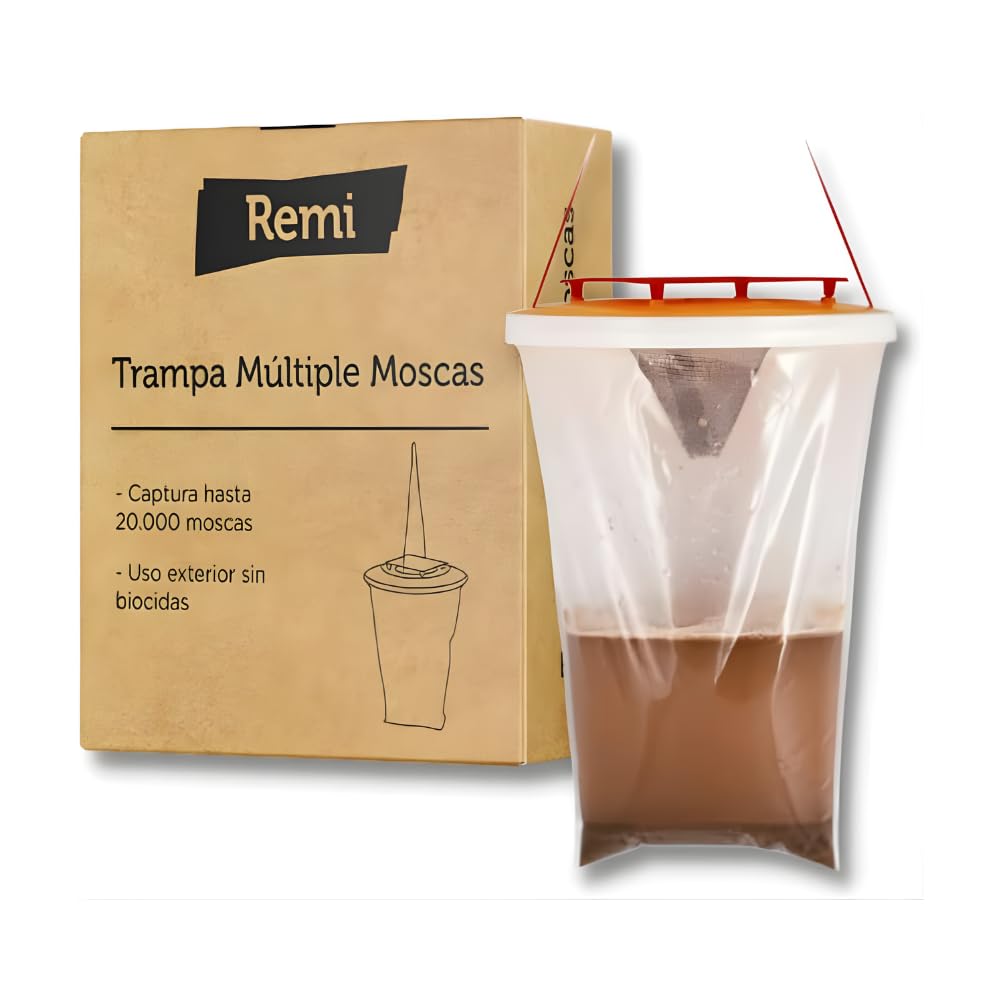 Trampa Múltiple Moscas Remi Hogar | Captura hasta 20.000 Moscas | para Uso en Exteriores | Sin biocidas eficacia | Fácil instalación | Efecto de Cebo | Red Top 6 Unidades