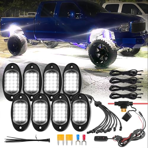 8Pods Pure White LED Rock Lights Kit with Switch Wiring Harness Extension Wire, 6500K 15LEDs Neon Underglow Light Waterproof Fender Lights for Car Trucks Jeep Off Road ATV UTV SUV