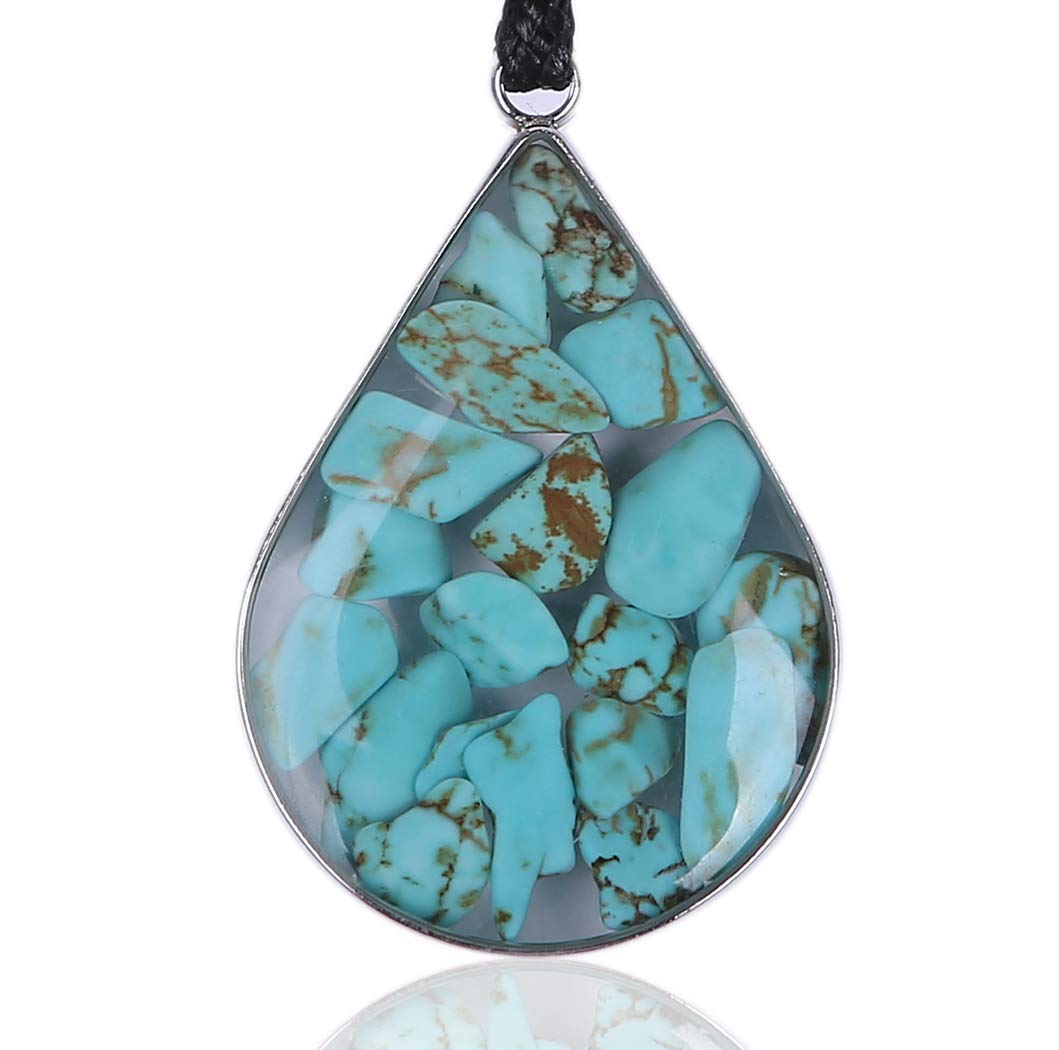 BARBARI Jewelry- Turquoise Crystals Embedded in Resin in Delicate Silver color frame. Adjustable Necklace Length 14"-28" with Natural Healing Pendant for Men and Women! Unique Handmade Gift!
