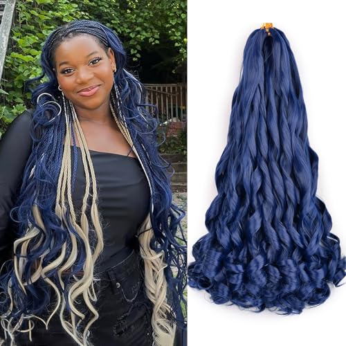 French Curly Braiding Hair 22Inch 8 Packs Bouncy Dark Blue Braiding Hair Pre Stretched Loose Wavy Synthetic Hair Extensions for Black Women (22inch 8packs Dark Blue)
