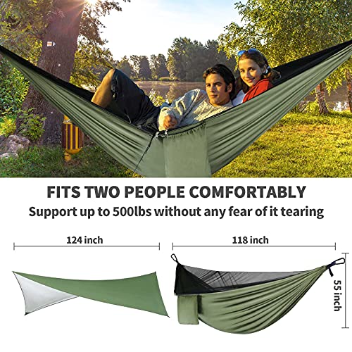 Camping Hammock - Hammocks With Mosquito Net Tent And Rain Fly Tarp, Portable Single & Double Nylon Parachute Hammock With Heavy Duty Tree Strap, Indoor Outdoor Backpacking Survival Travel #TOP5