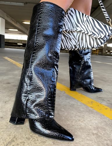 Image of Knee High Boots Women Fold Over Boots Chunky Heel Pointed Toe Tall Boots | Fashion Slouchy Boots,Side Zipper Shark Boots,Fall Spring Winter Fashion Dress Tall Boots,Evening Bridal office Long Boots