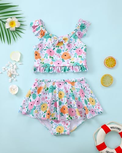Image of Saeaby Toddler Little Girls Swimsuit Summer Halter Ruched Tankini 2 Piece Bathing Suit for Girl Beach Swimwear 3-8Y