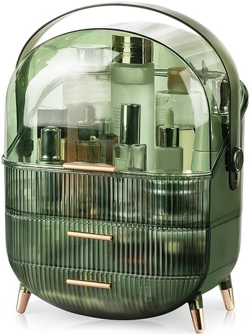 Makeup Organizer,Skincare Organizer with 2 Drawers and Transparent Cover,Cosmetic Display Case for Vanity Organizer and Bathroom Countertop Storage.(White) (Transparent green)
