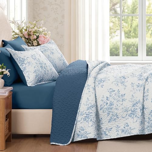Image of Andency Quilt Queen Size, Blue Flower Bedspread Queen Size, 3 Pieces Soft Bedding Set, Lightweight Coverlet Set for All Season with 2 Pillowcases (96 inchx90 inch)