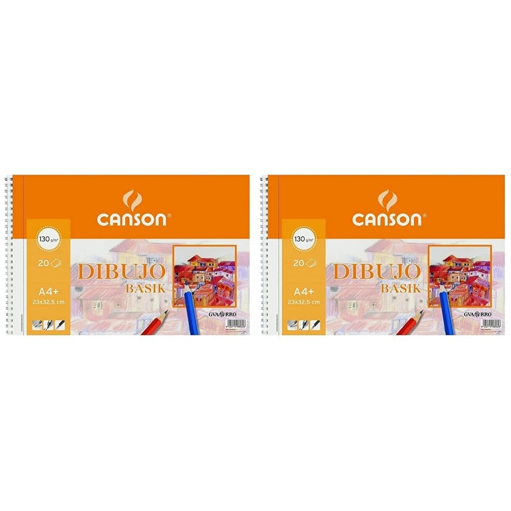 Canson Dibujo Basik Liso, Álbum Espiral Microperforado, A4+ (23 x 32.5 cm) 20 Hojas 130 g, Color Blanco (Paquete de 2)