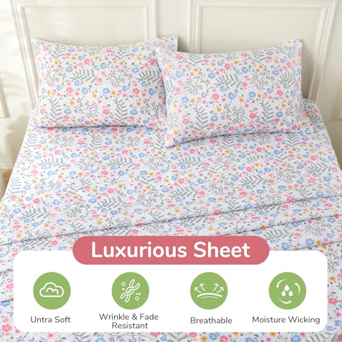 Image of MUXHOMO Queen Size 4 Piece Sheet Set, Soft & Breathable Sheet for Bedroom with Deep Pocket Up to 16 inch, Wrinkle-Free & Cooling Bed Sheet with Flat Sheet, Fitted Sheet & Pillowcases - Colorful Flower