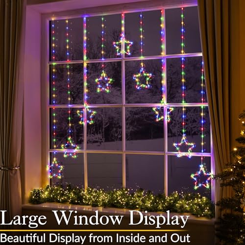 CHRISTOW Christmas Curtain Lights for Windows, 9 Star String Light Decoration, 325 Multi Coloured Micro LEDs, Indoor Outdoor Home Garden Xmas Lighting, Mains Powered with 5m Cable (H1.2m x W1.2m) - Image 4