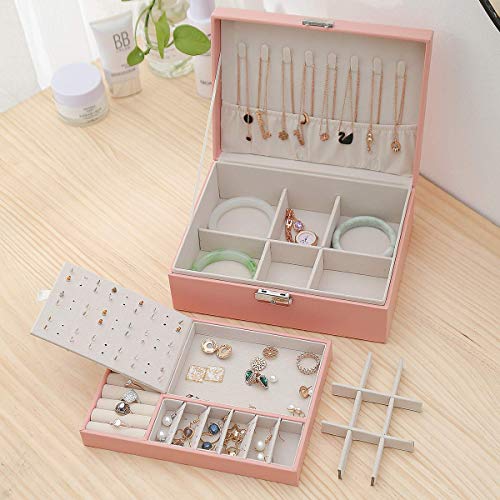 EKKONG Schmuckkästchen Damen Schmuckkästchen Reise PU-Leder Schmuckkoffer Klein Schmuckbox, Schmuckkästchen Mädchen, Schmuck Aufbewahrungsbox für Ringe, Ohrringe, Armbänder und Halsketten (Pink)