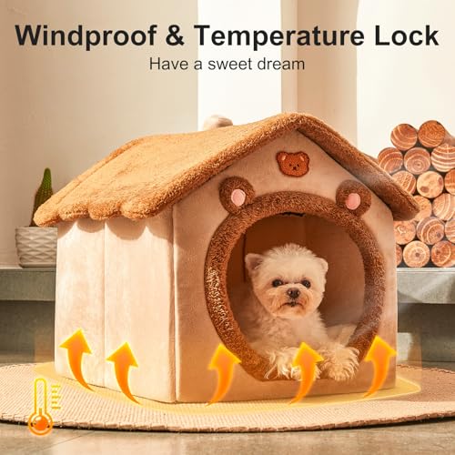 Jiupety Hundehöhle Kleine Hunde mit süßen Bärenohren, Hundehütte Indoor für Kleine Hunde, Hundehaus für Drinnen, Größe L Hundebett mit Dach, Brown Bear