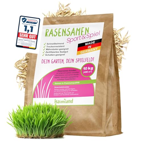 halmland® Rasensamen schnellkeimend 10kg für 400m² - strapazierfähiger Sport-und Spielrasen - Grassamen trockenresistent Herbst - aus Deutschland - Nachsaat, Rasensaat