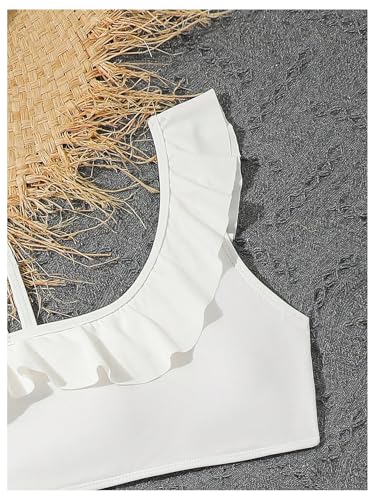SHENHE Girl's 3 Pieces Bikini Set Ruffle Trim Bathing Suit Asymmetrical Neck Swimsuit with Sheer Pants4