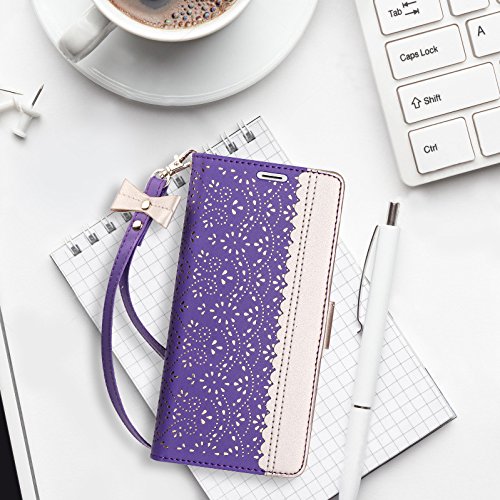 Homelove WWW iPhone XR Wallet Case, [Luxurious Romantic Carved Flower] Leather Wallet Case with [Inside Makeup Mirror] and [Kickstand Feature] for Apple iPhone XR Case (2018) Purple - Thumbnail 6