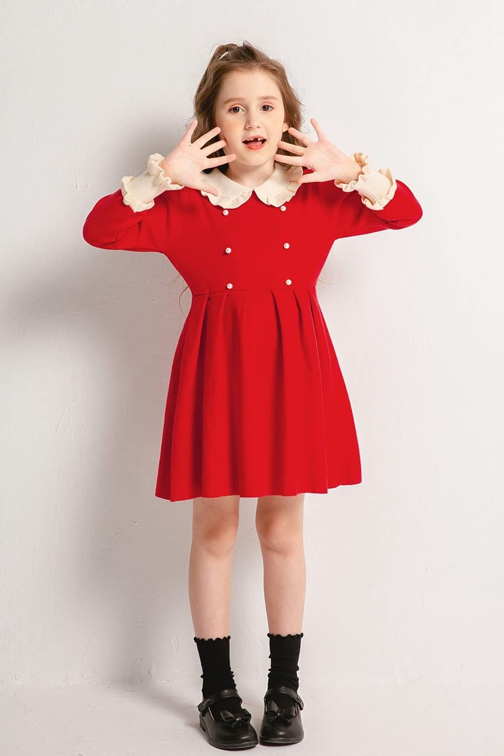 SMILING PINKER Girls Dresses Ruffle Peter Pan Collar Sweater Long Sleeve Knit Pleated Dress - Image 3