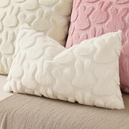 Image of decorUhome Easter Bunny Pillow Covers 12x20 Inch Set of 2, Soft Plush Faux Wool Jacquard Cream White Rabbit Cushion Covers, Farmhouse Neutral Spring Easter Holiday Decor for Couch Sofa Bed