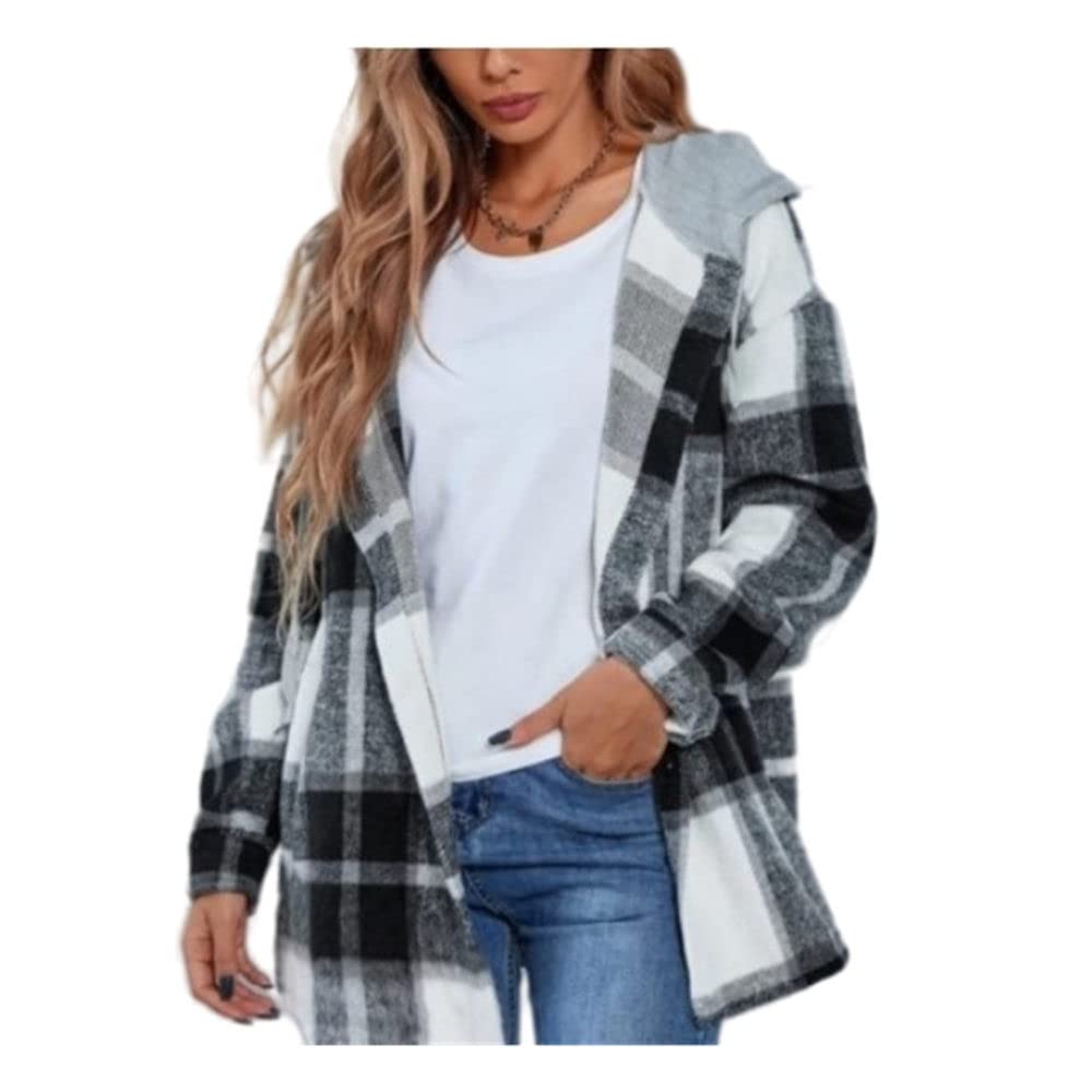 Bluse Elegant Damen Hemd, Damen Lässige Kapuzenhemden Flanellhemden Grau Mode Plaid Langarmhemden Herbst Und Winter Verdickte Lose Lässige Mäntel Exquisite Knopfoberteile
