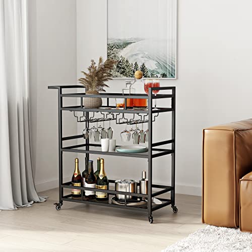 LORMITER Black Metal Bar Carts with 3 Tier Glass Shelves, Rolling Serving Bar Cart with Wine Rack and Glass Holder, Industrial Bar Carts & Wine Carts on Wheels for Kitchen, Indoor & Outdoor
