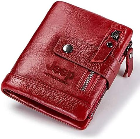JEEP KAVIS BONWE Mens Wallet Genuine Leather, Double Zipper, Vintage Bifold Card Holder Purse(Red)