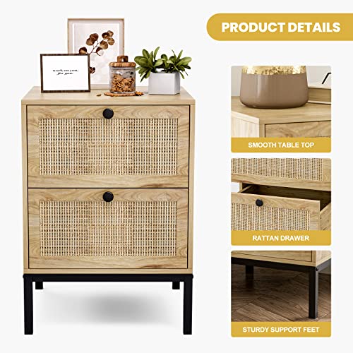 Ikifly Rattan Nightstand Set Of 2, End Side Table With 2 Handmade Natural Rattan Drawers, Accent Bedside Table With Storage For Bedroom, Living Room - Natural #TOP7