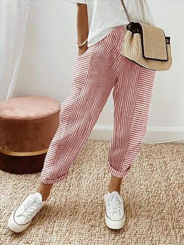 Women's Striped Jacquard Woven Pants, Loose Fit Casual Trousers, Lightweight Summer Lounge Pants