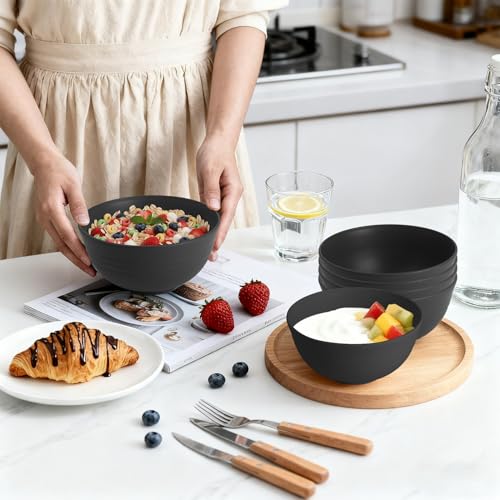 Image of Wheat Straw Bowls Set of 6, Unbreakable Lightweight 26 OZ Cereal Bowls for Kitchen, Reusable Salad Bowl, Microwave & Dishwasher Safe Bowl Set, Black