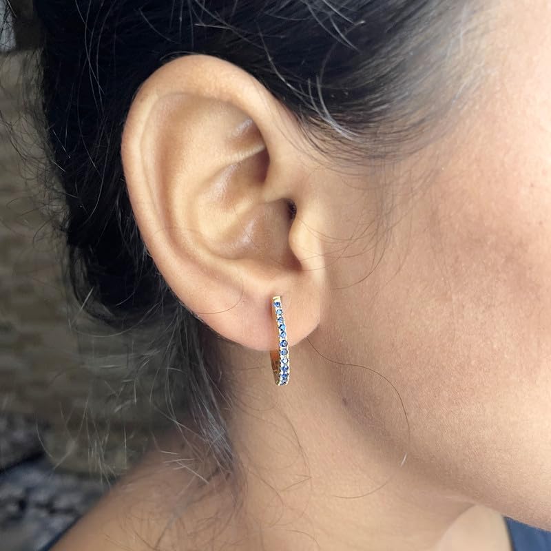 Round Cut Blue Sapphire Hoop Earrings for Women, 14K Gold Finish 925 Silver Ladies Sapphire Huggies Earrings