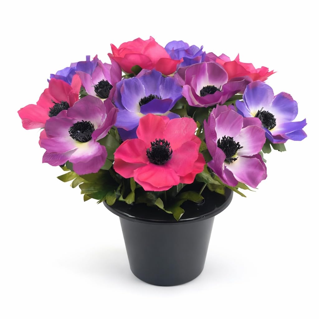 Pack 1 Artificial Flowers for Graves in Pots | 12 Head Purple/Pink/Creise Grave Flower Pots | Perfect for Enhancing Memorial & Cemetery Decor | Improved Design for Funeral Elegance & Lasting Tribute.