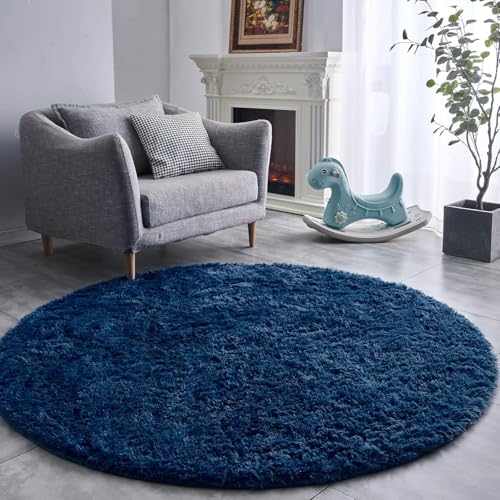 Image of Shaggy Round Area Rug - Soft Plush Circle Solid Color Carpet for Living Room, Bedroom, Kids Room - Fluffy Fuzzy Floor Mat for Home Decor (Blue, 6x6 feet, Round)