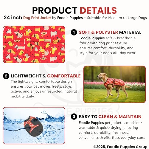 Image of Foodie Puppies Dog Winter Jacket - (Dog Printed, 24 Inch) for Medium to Large Dogs | Ultra Warm Waterproof & Windproof Coat | Adjustable Velcro Closure, Washable Vest for Cold Weather