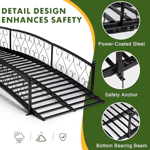8 FT Garden Bridge, Metal Arc Footbridge with Safety Siderails, Decorative Black Iron Pond Bridge for Outdoor Patio Yard Backyard Creek Farm