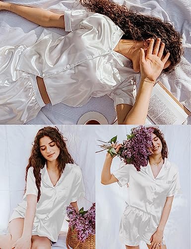 Image of LecGee Womens Silk Satin Pajamas Short Sleeve Loungewear Two-Piece Sleepwear Button-Down Pj Set
