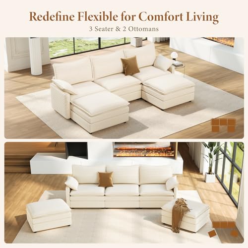 Image of Vesgantti 108 inch U Shaped Sectional Couch, Comfy Cloud Modular Sectional Sofa with 2 Ottoman Deep Seat Corduroy Modern Cloud Sofa, Modular Sofas for Living Room, Bedroom and Apartment, Beige
