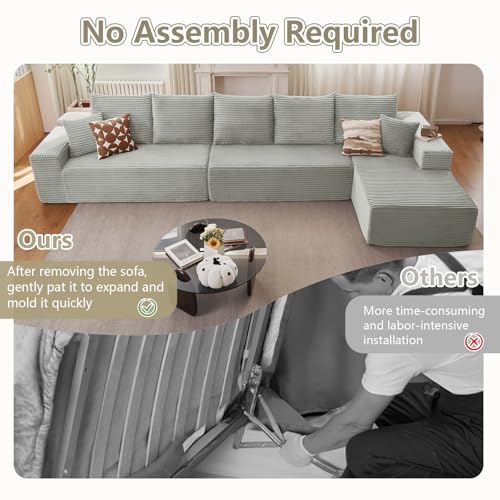Image of 166.9 inch Cloud Sectional Couch with L-Shape Chaise, Upholstered Corduroy Couches Sleeper with Deep Seat, Modern Modular Comfy Sofa Chaise Longue for Living Room Bedroom, No Assembly Required, Grey