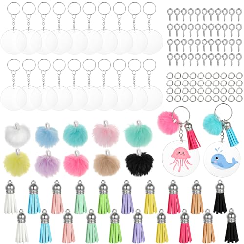 MWOOT 150 Piezas Llaveros de Acrílico Disco Kit, con Acrilico Redondo Transparente, Llaveros, Colgantes de Borla Pompon, Ojal Tornillo, Anillo de Salto, DIY Accesorios para Hacer Llaveros Manualidades