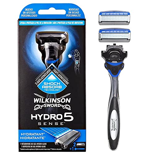 Wilkinson Sword Maquinilla de Afeitar de 5 Hojas con 2 Recambios y Bandas Lubricantes de Gel Deslizantes, Color Azul, 1 Unidad